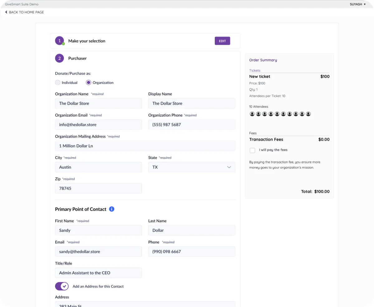 Admin view of an organization profile with primary, secondary, and tertiary contacts