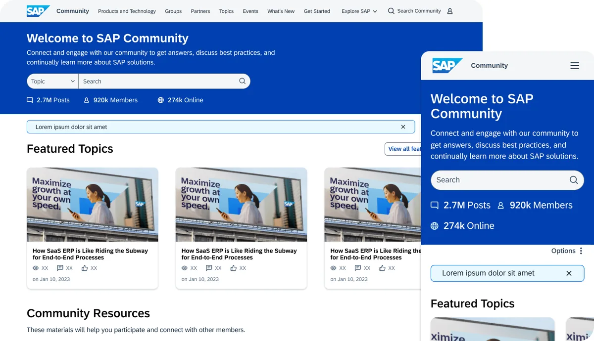 SAP Community redesign shown on desktop and mobile
